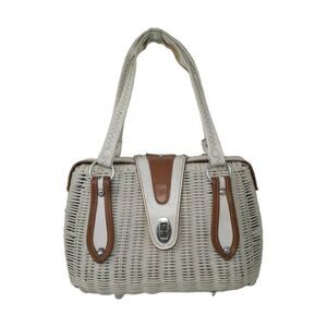 Vintage White & Tan Weaved Wicker Basket Purse | Silver Turn Lock | Le Jule